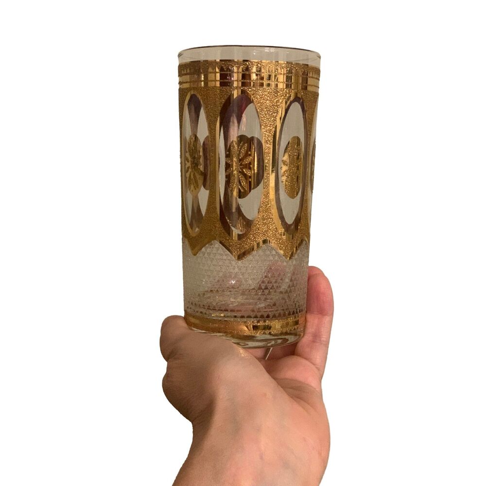 Vintage MCM Culver Regency White 22K Gold Diamond Highball Glasses - Set of 7